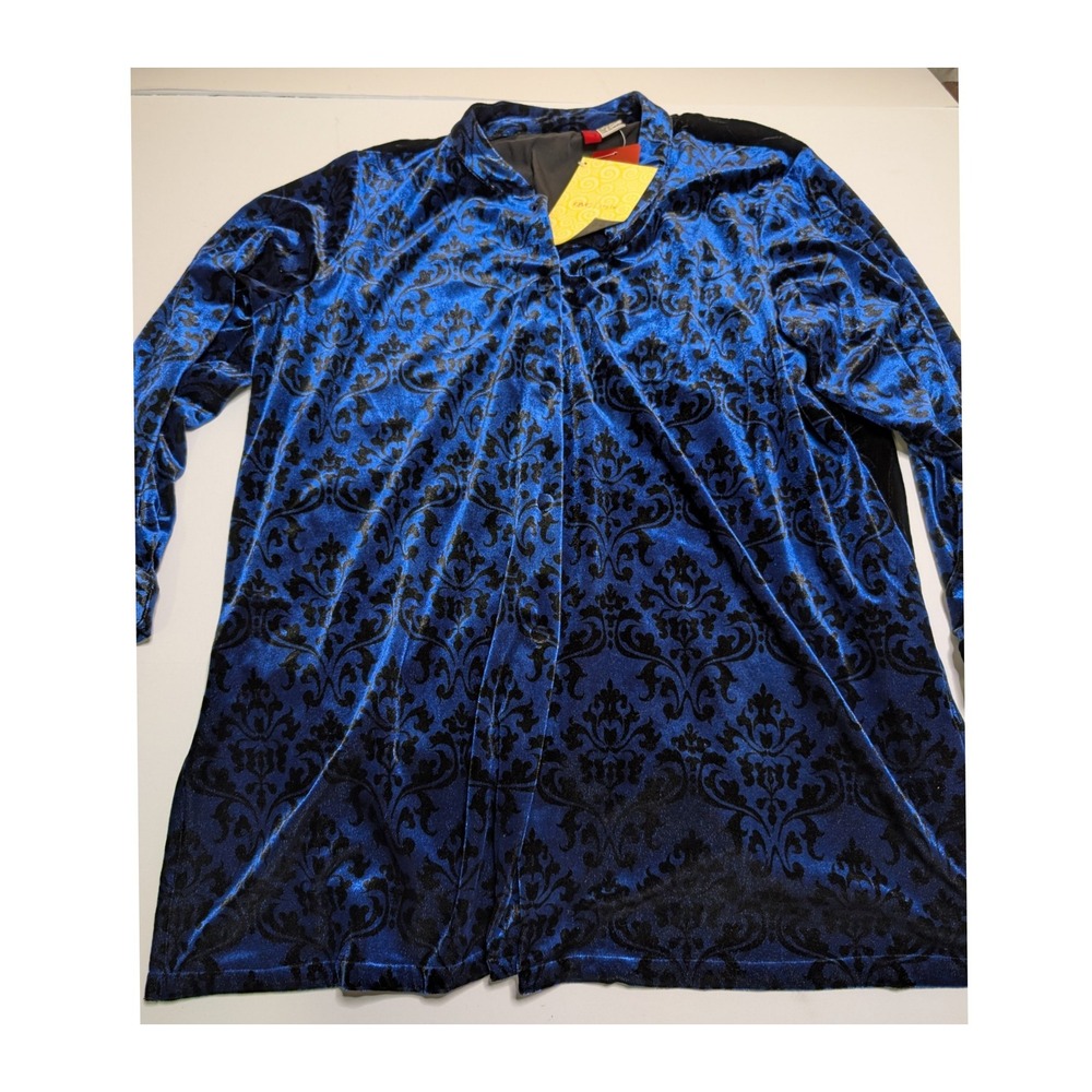 East Looks Womens 1X Velvet Damask Geisha Graphic‎ Button Front Shirt Blue Black